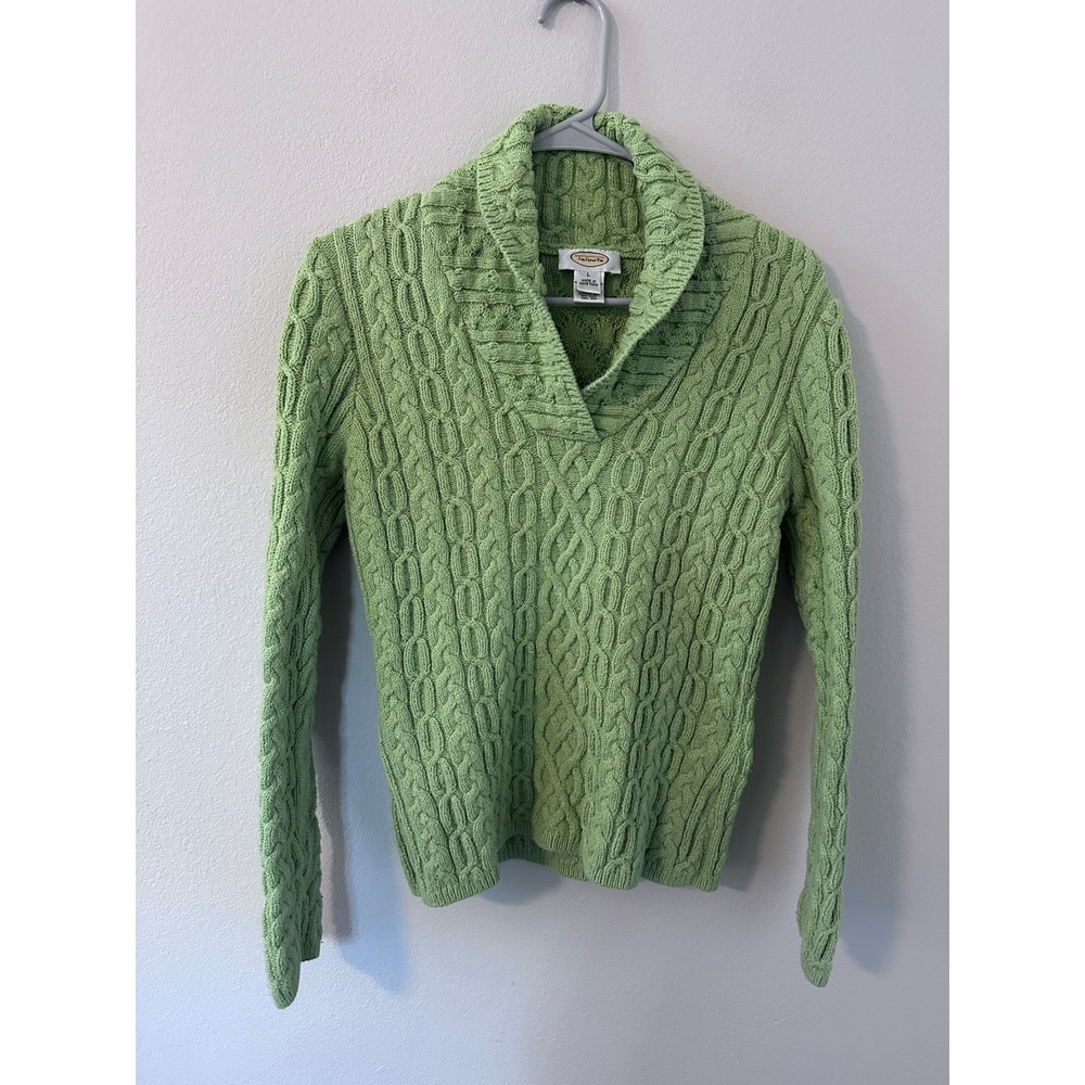 Vintage Talbots Cable Knit Sweater Large Bright Green Shawl Collar V-Neck